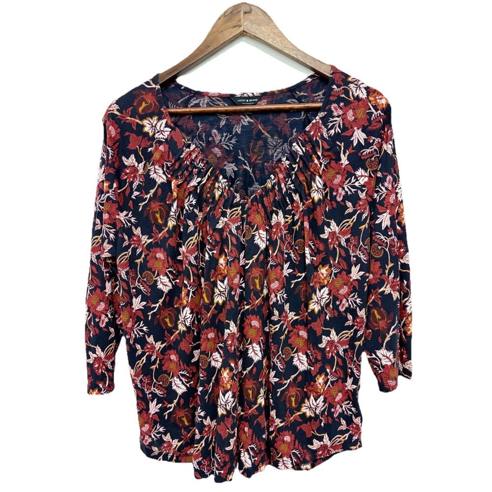 Lucky Brand Floral Boho Peasant Top Navy Red 3/4 Sleeve Womens Large Bohemian